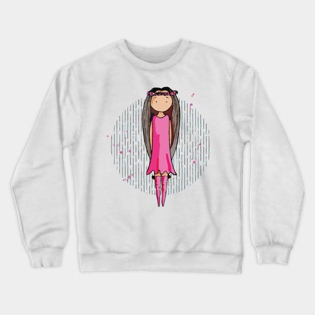 Cute bohemian girly girl with very long brown hair and a pink dress Crewneck Sweatshirt by Sissely